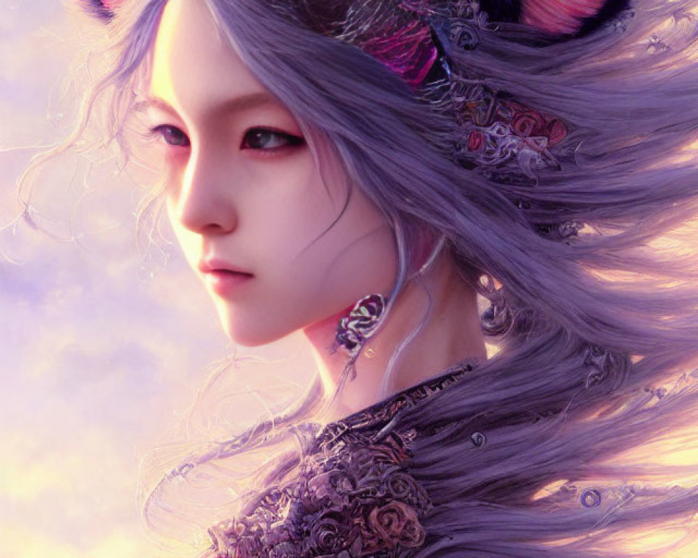 Fantasy character with fox ears, red eyes, gray hair, and floral outfit.