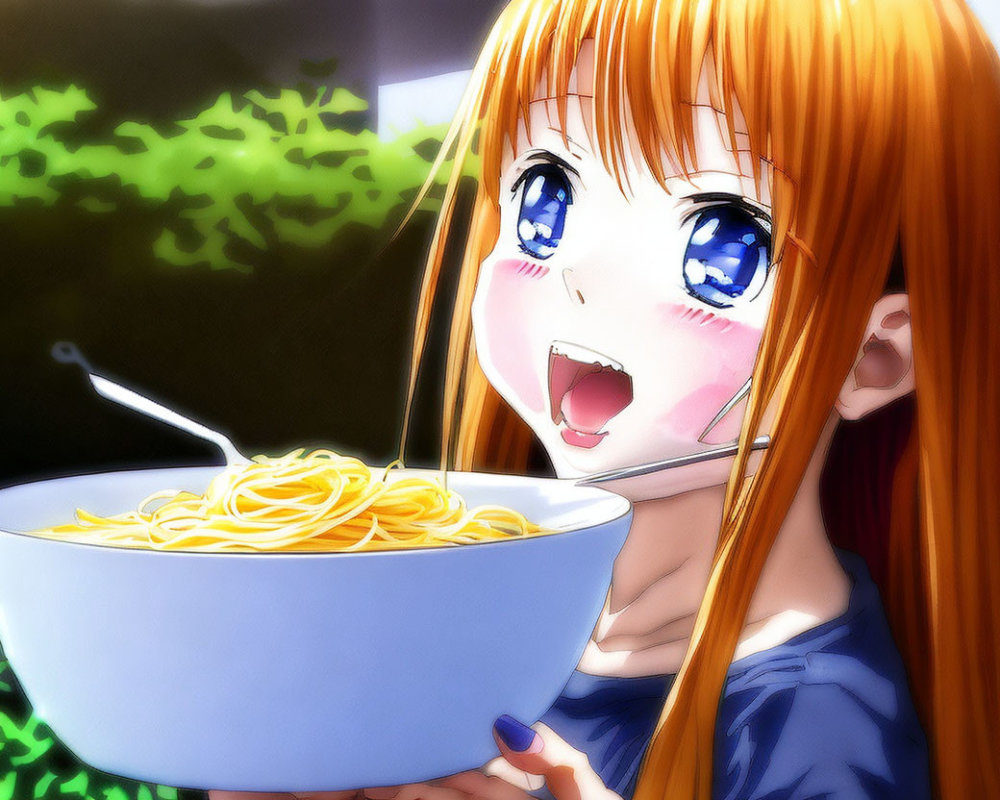 Anime girl with orange hair holding a bowl of noodles