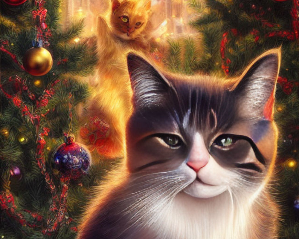 Two cats by Christmas tree with striking eyes.