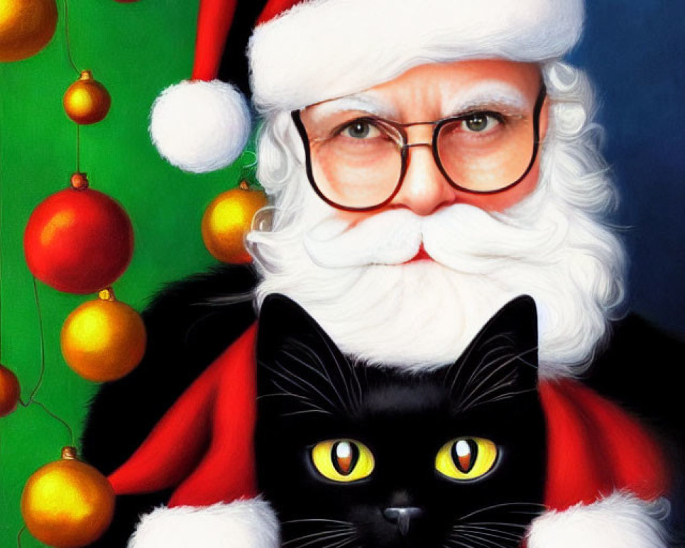 Santa Claus holding a black cat in festive setting