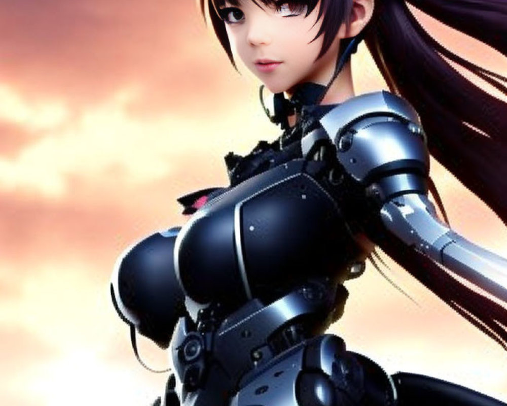 Brown-haired Female Character in Futuristic Black Armor on Dramatic Sky Background