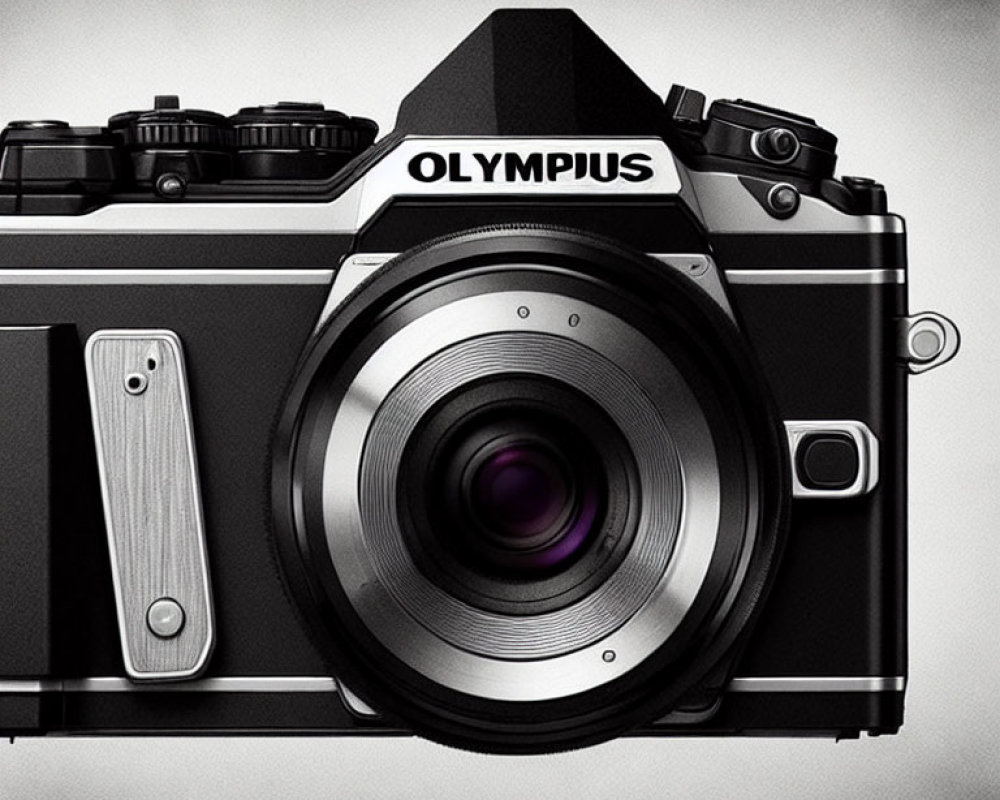 Vintage Olympus Camera with Prominent Lens and Detailed Textures on Gray Background