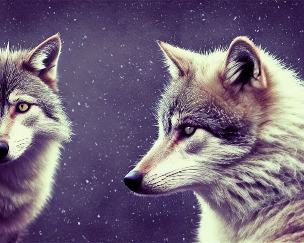 Two wolves in starry night sky: one facing forward, the other in profile