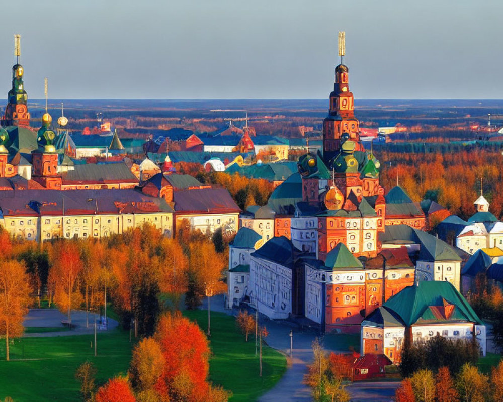 Historic monastery with green and golden domes in autumn setting
