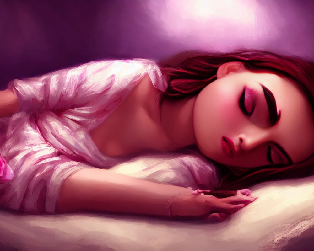 Vibrant pink and purple hues in digital artwork of sleeping woman