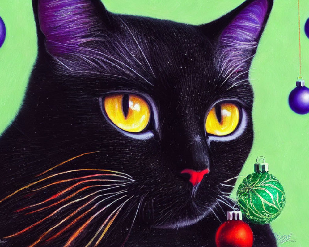 Detailed Black Cat Illustration with Yellow Eyes and Christmas Baubles