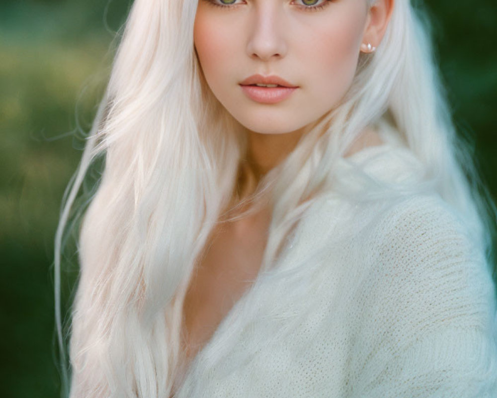 Platinum Blonde Woman Portrait in White Sweater