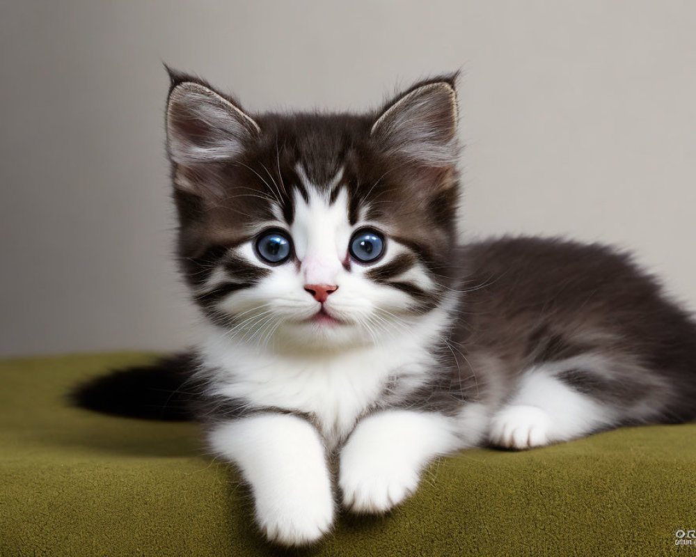 Brown and White Kitten with Blue Eyes and Facial Markings on Green Surface