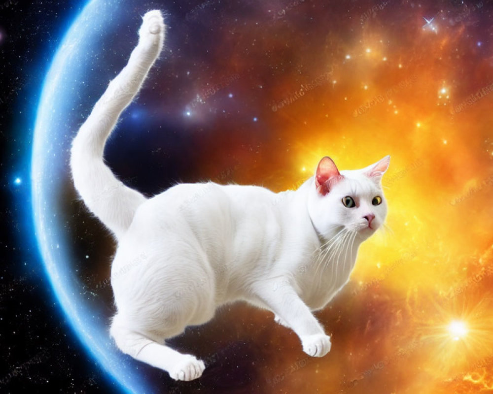 White Cat on Vibrant Cosmic Background with Stars, Sun, and Planet