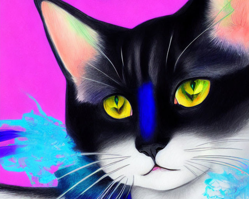 Vibrant cat illustration with yellow eyes, blue streak, cherry necklace on pink background