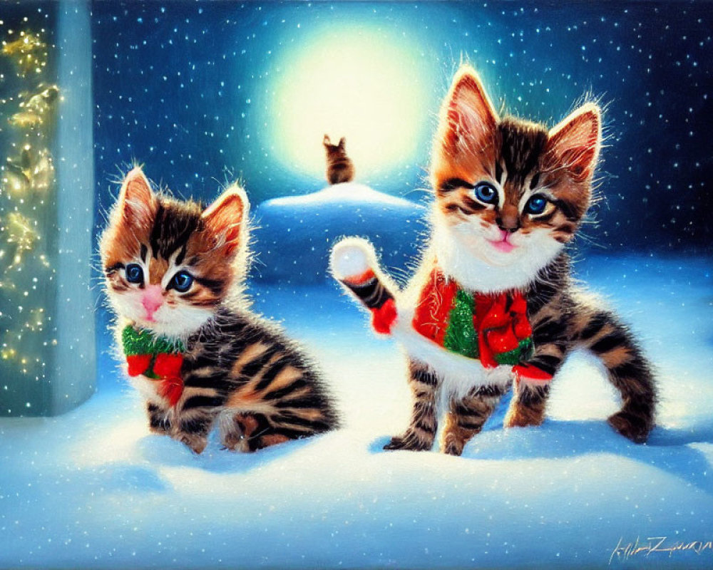 Adorable kittens in festive scarves playing in snow with gift boxes