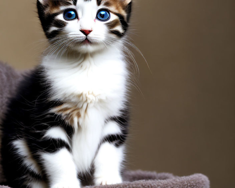 Black and White Kitten with Blue Eyes and Whiskers on Soft Surface
