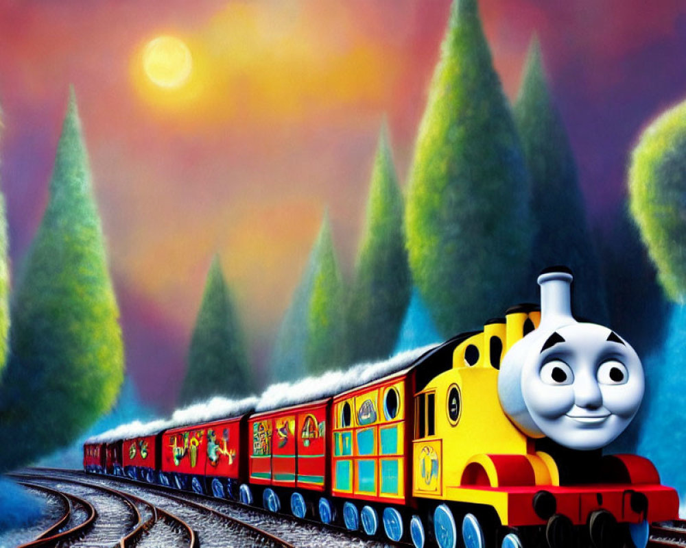 Vibrant Cartoon Train on Tracks with Smiling Face in Sunset Scene