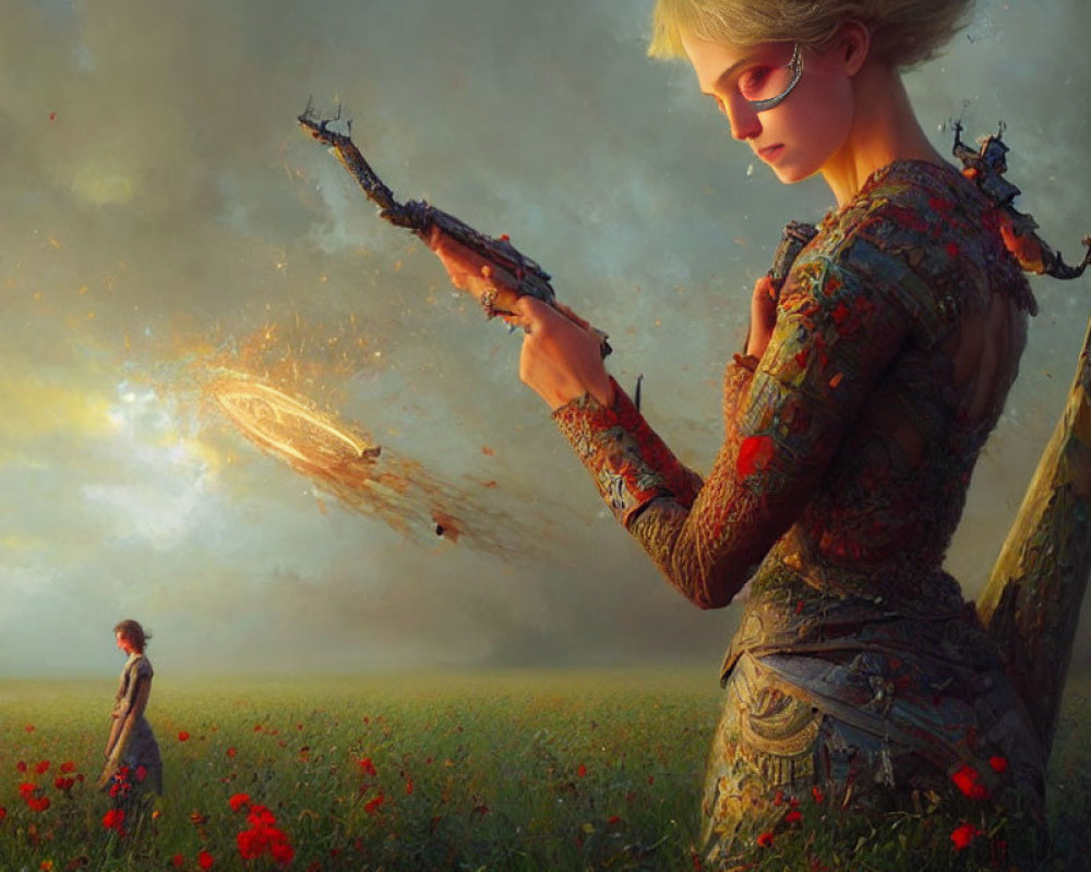 Fantastical image of two women in a poppy field with high-tech weapon and spaceship.