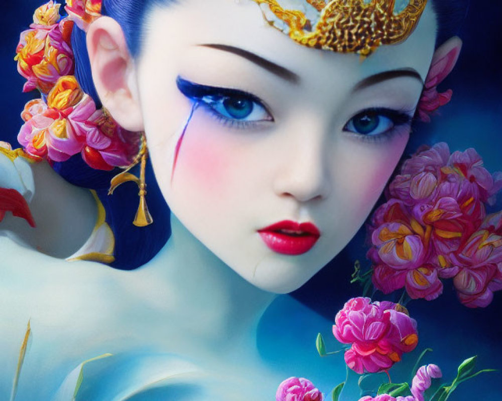Digital artwork featuring woman with stylized makeup, gold headpiece, and blue flowers.