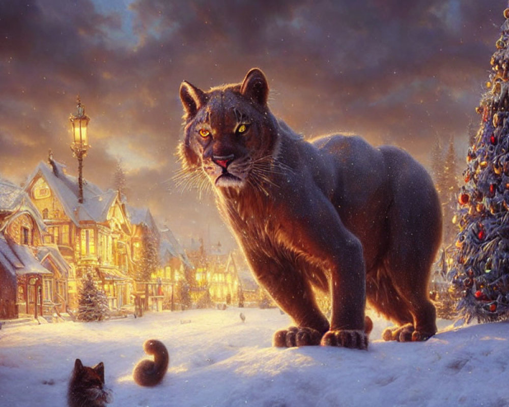 Snowy town square scene with cougar, Christmas tree, and squirrel