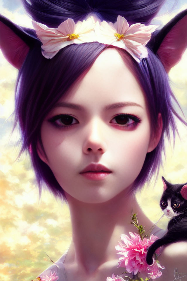 Digital artwork featuring girl with cat ears, purple hair, floral headband, and black-and-white cat