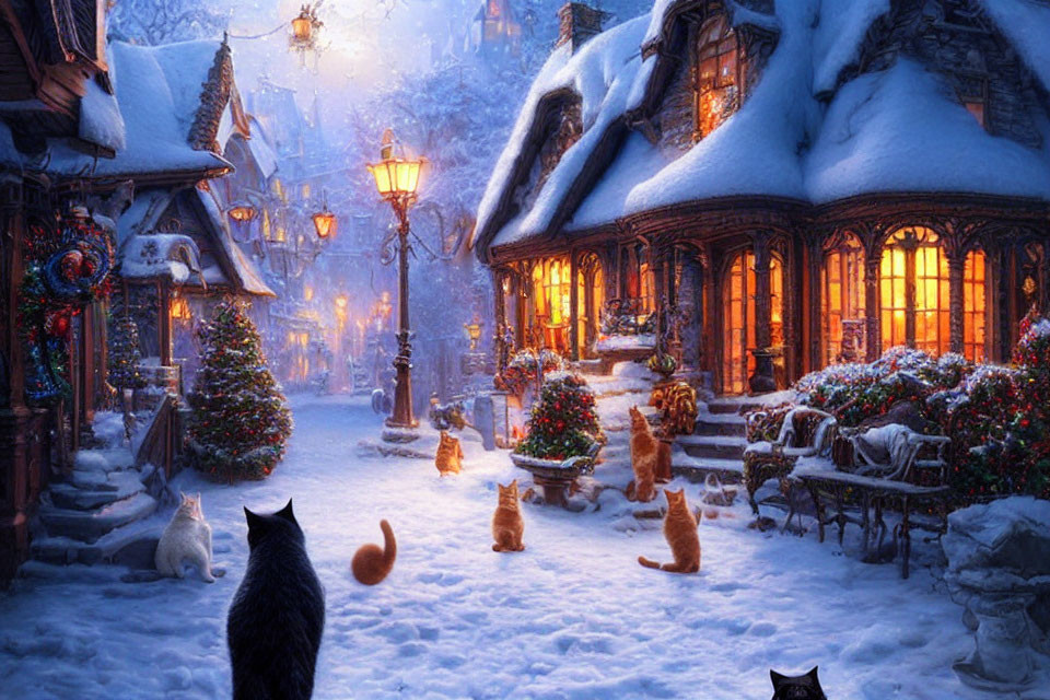 Whimsical winter scene with cats on snow-covered street