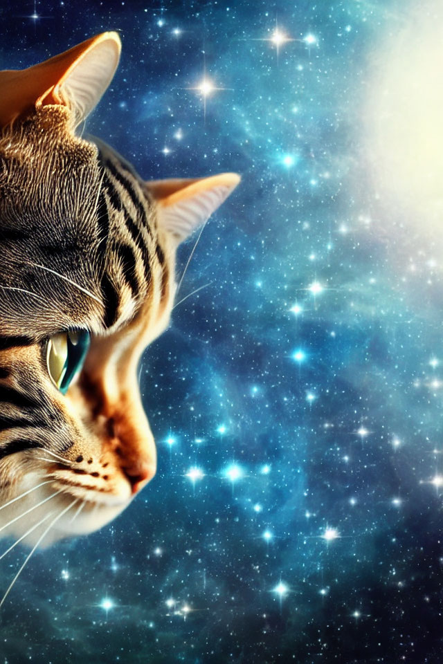 Tabby Cat Head on Starry Galaxy Background