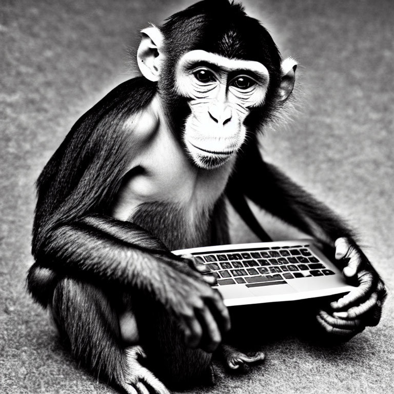 Monkey typing on laptop in black and white