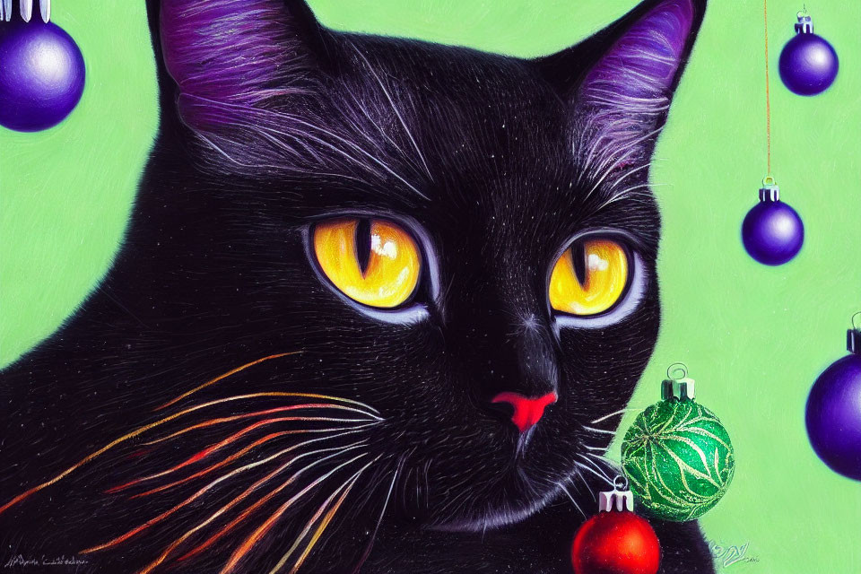 Detailed Black Cat Illustration with Yellow Eyes and Christmas Baubles
