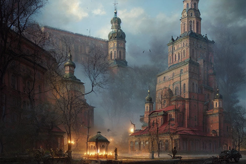 Baroque church with spires in foggy evening scene with vintage car and silhouetted figures