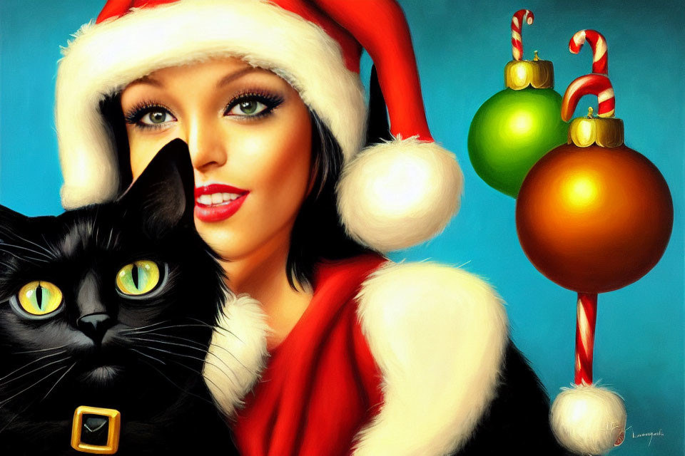 Woman in Santa Hat Smiling with Black Cat and Christmas Decorations