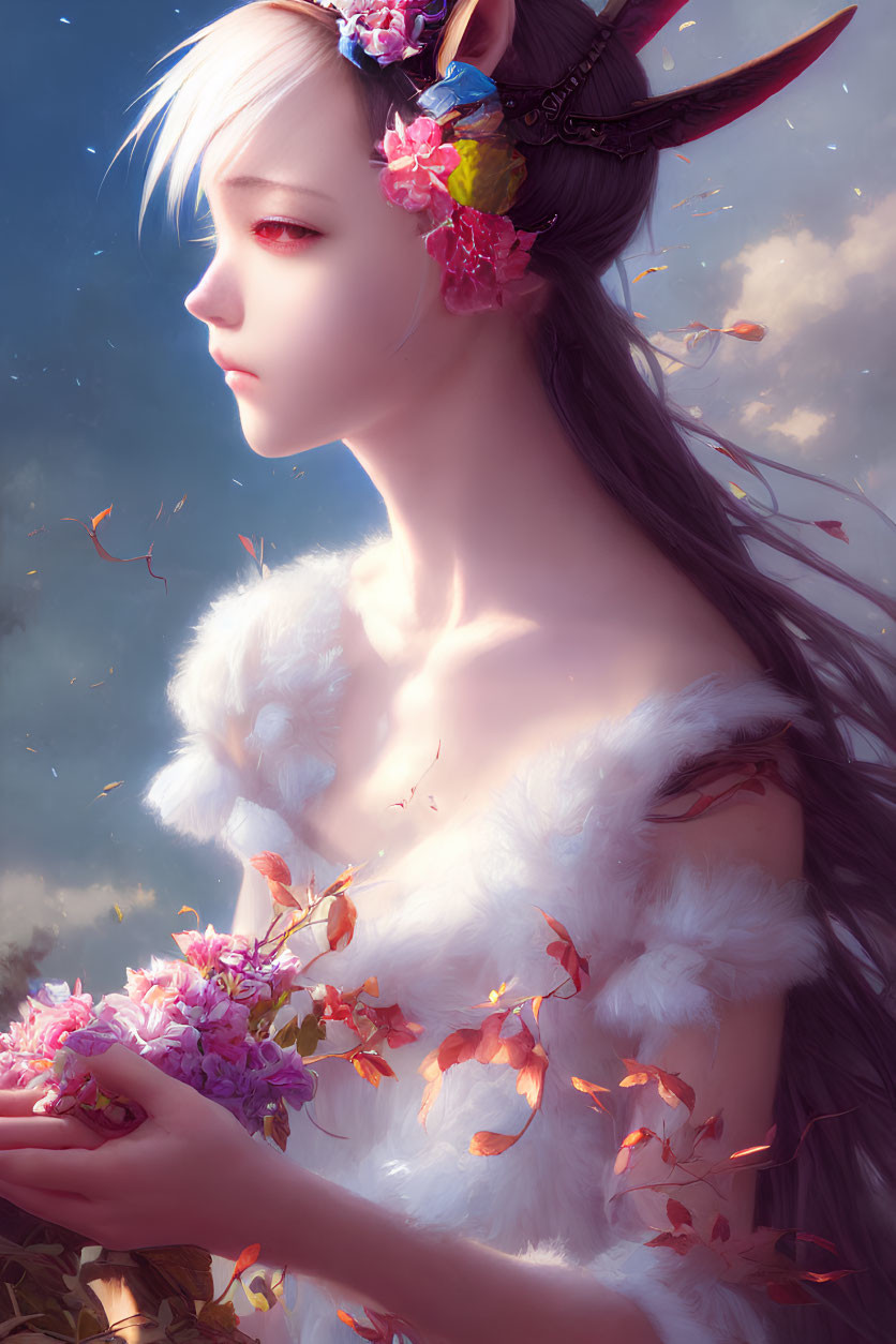 Ethereal female figure with pointed ears and horned headpiece holding bouquet.