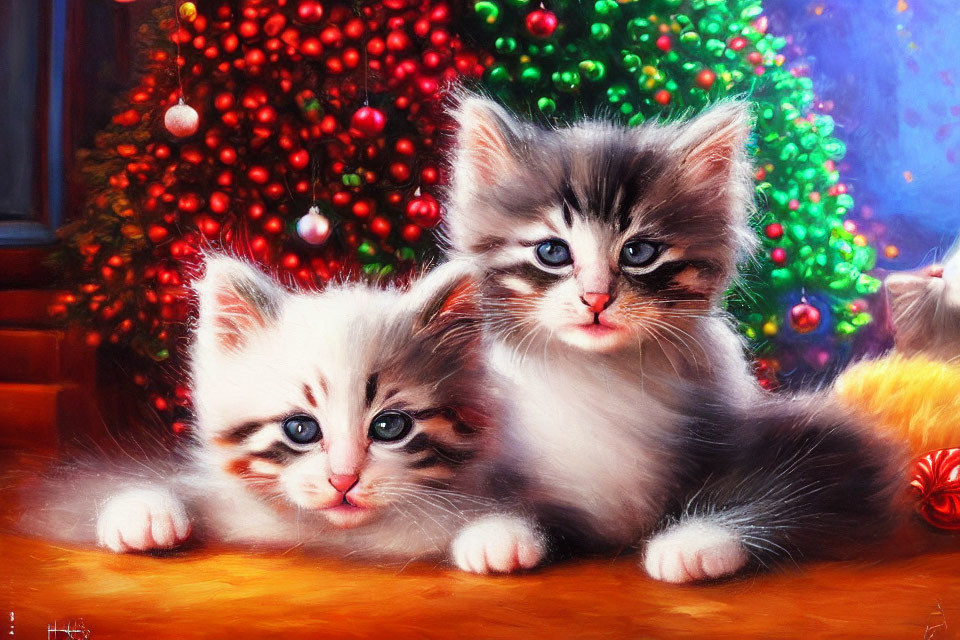 Fluffy kittens by Christmas tree with colorful lights