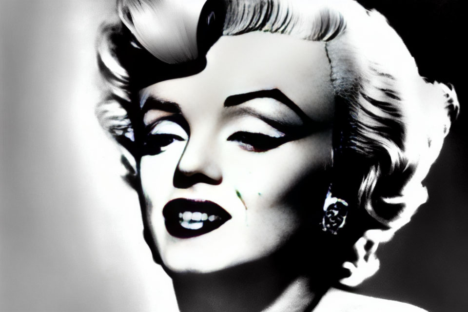 Monochrome portrait of blonde Hollywood icon with bold lipstick