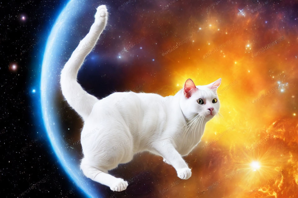 White Cat on Vibrant Cosmic Background with Stars, Sun, and Planet