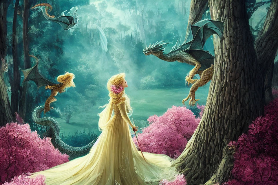 Woman in yellow gown in mystical forest with flying dragons