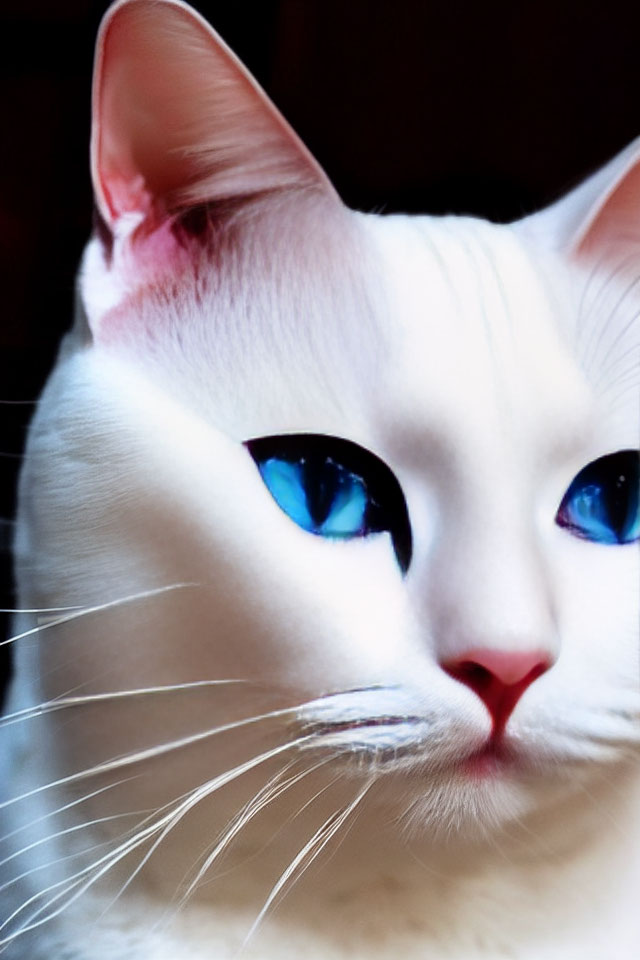 White Cat with Blue Eyes and Pink Inner Ear on Dark Background