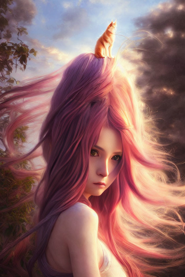 Vibrant pink-haired girl with orange cat in dreamy sky