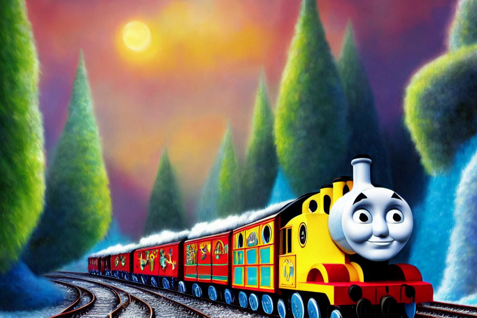 Vibrant Cartoon Train on Tracks with Smiling Face in Sunset Scene