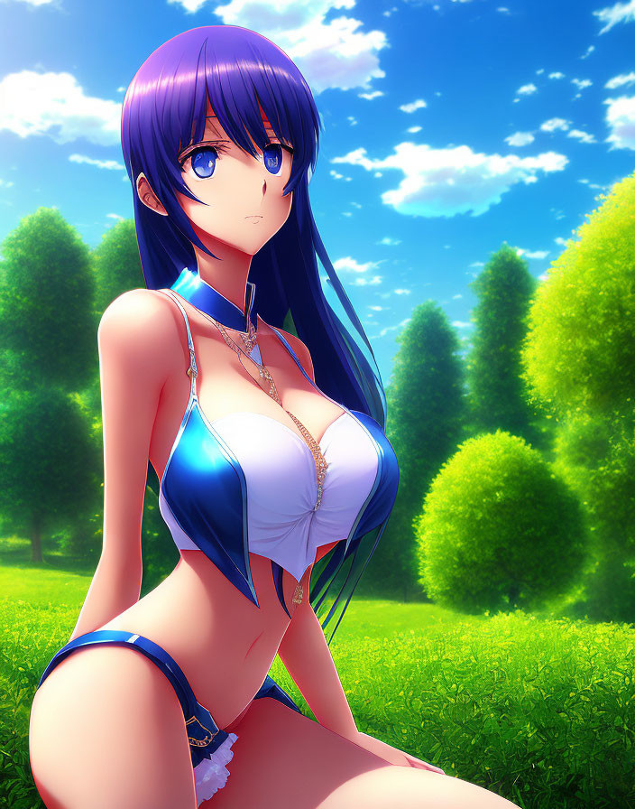 Anime character with long blue hair and purple eyes in white and blue bikini kneeling on grass under blue sky