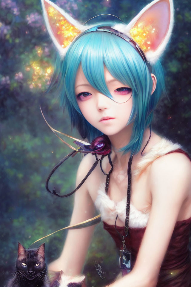 Blue-haired cosplayer in furry outfit with cat ears and wand, beside a mysterious black cat