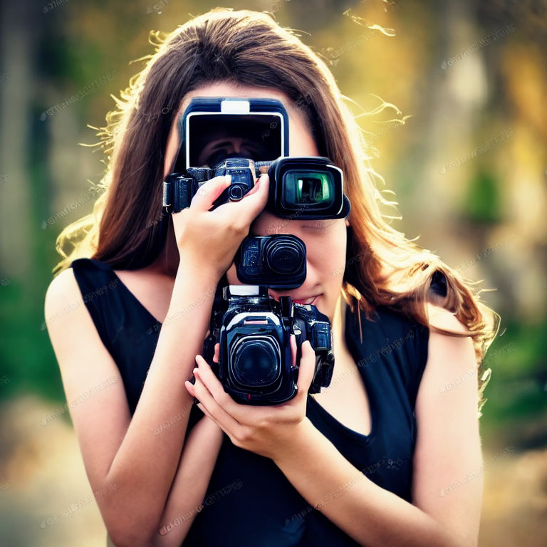 Woman with DSLR camera covering face against autumn background