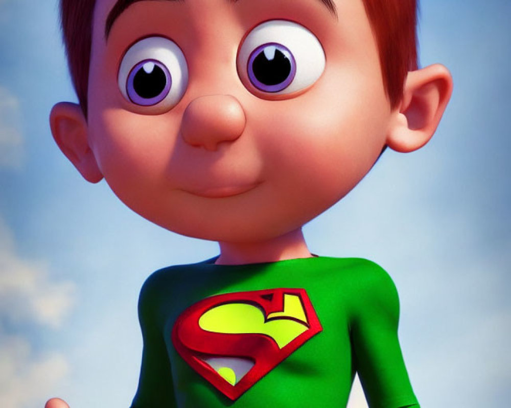 Young boy in superhero outfit with red cape and 'S' emblem, standing under blue sky.