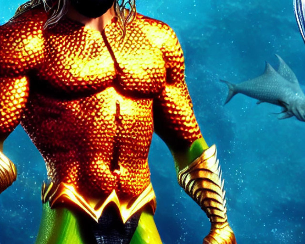 Muscular superhero with trident in gold and green suit underwater