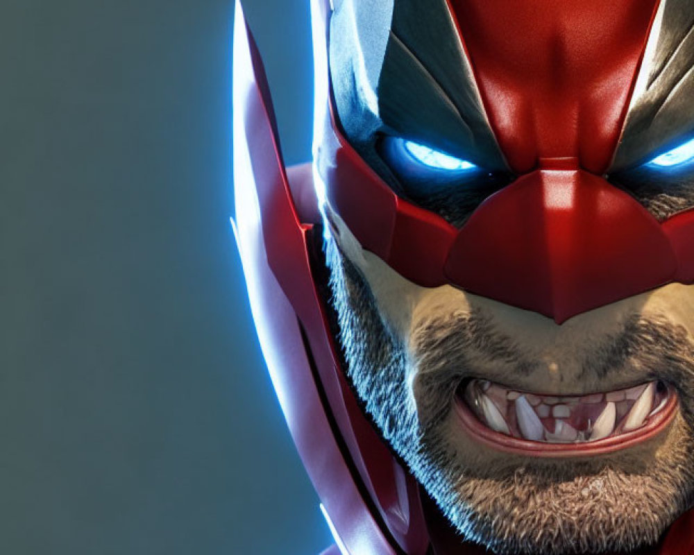 Detailed close-up of stylized red and silver armored character with glowing blue eyes