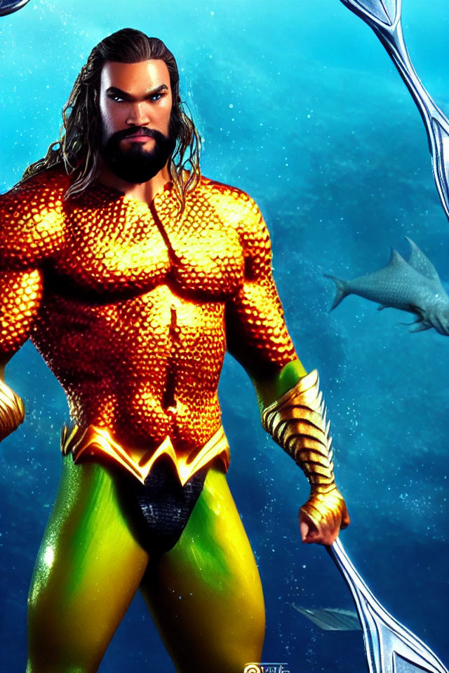 Muscular superhero with trident in gold and green suit underwater