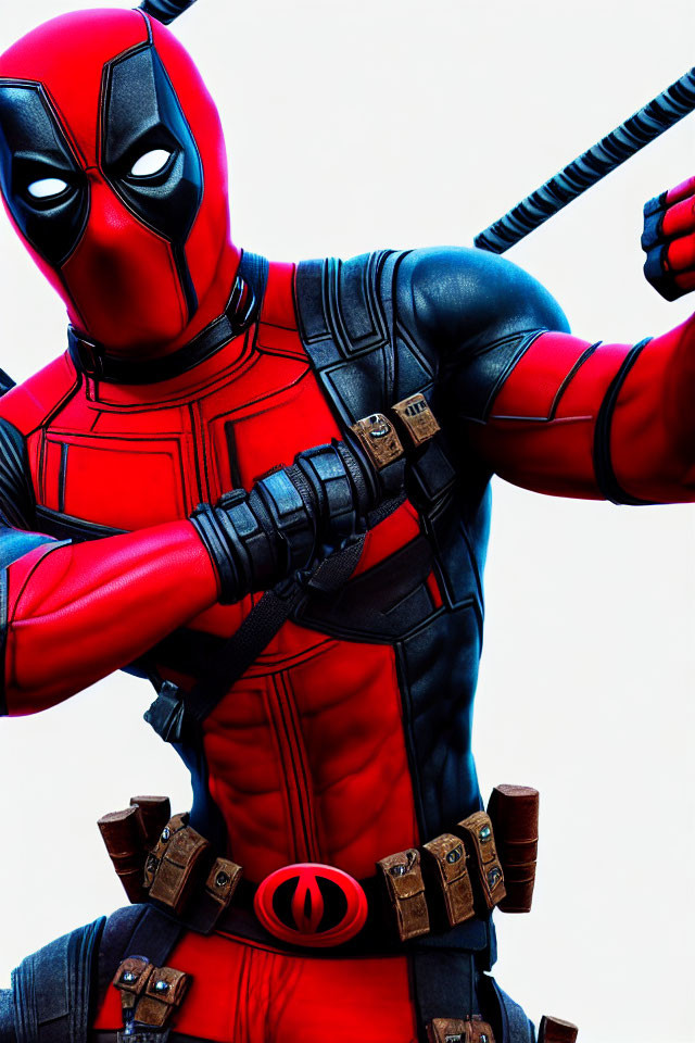Red and black Deadpool costume with sword in confident pose