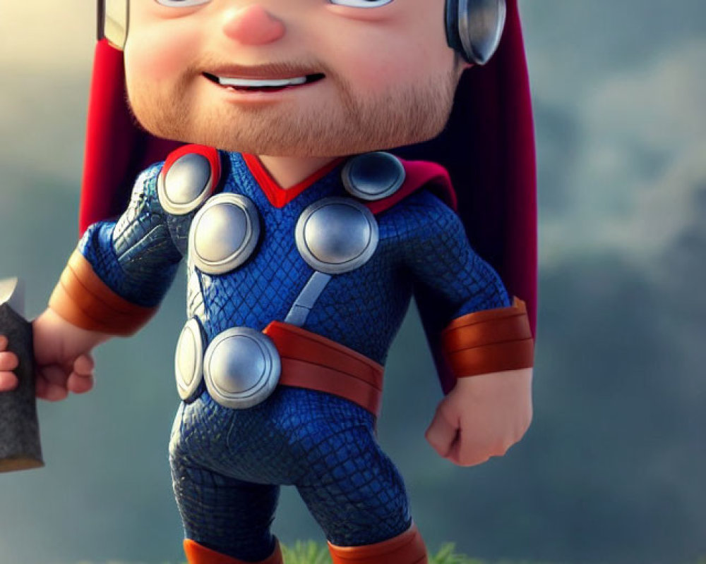 Stylized animated superhero character with hammer, helmet, and cape on rock
