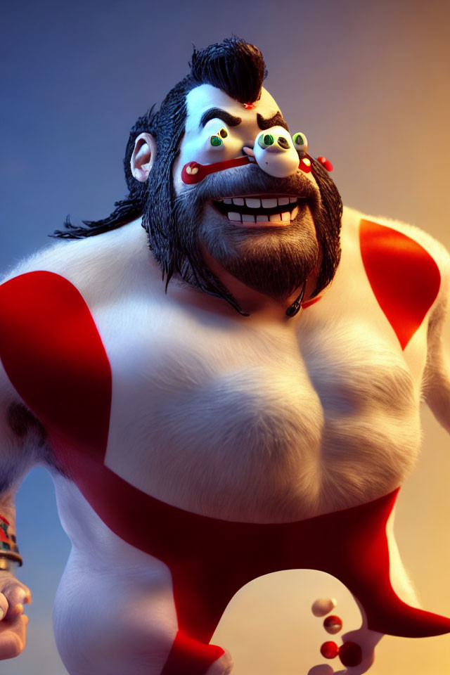 Muscular 3D Animated Character in Red and White Wrestling Outfit