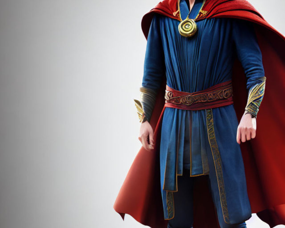 Superhero Figurine in Blue and Red Costume with Cape and Amulet