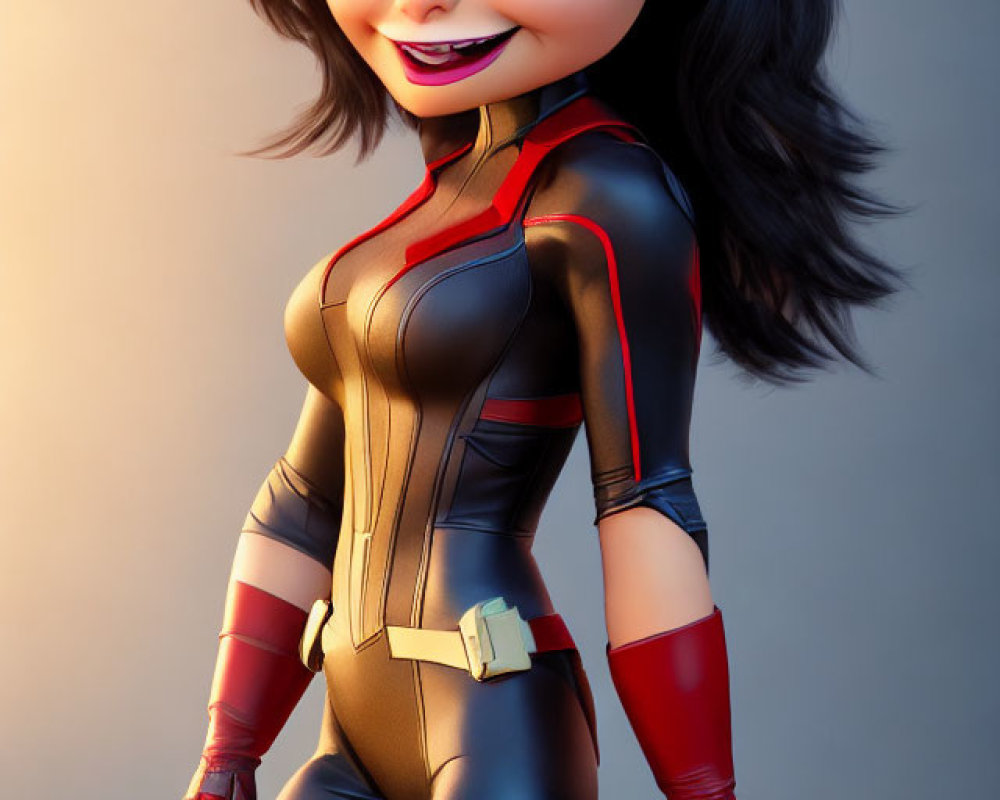 Stylized 3D Female Superhero in Black and Red Suit