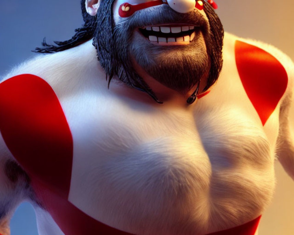 Muscular 3D Animated Character in Red and White Wrestling Outfit