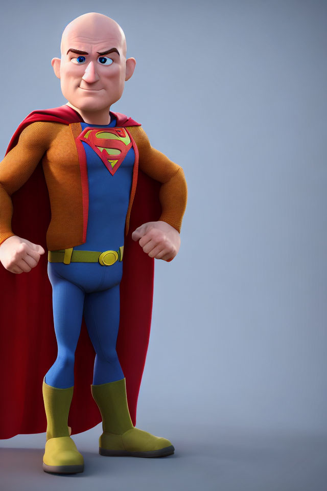 3D animated bald man in Superman costume with red cape