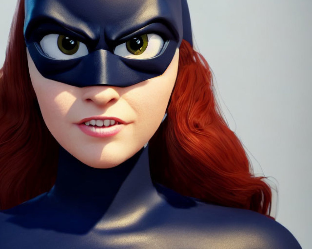 Female superhero 3D rendering with bat emblem, black mask, cowl, and long red hair